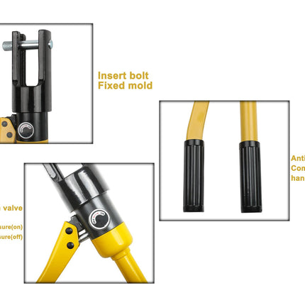 Close-up product detail diagram of a yellow and black hydraulic hand pump with labeled insets: insert bolt fixed mold, oil return valve, and anti-skid handle.
