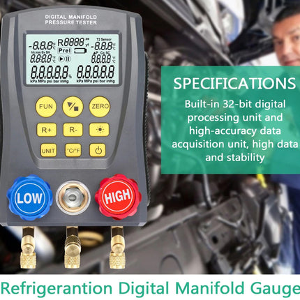 Digital manifold pressure tester with specifications and a blurred background of a person and vehicle.