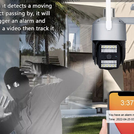 Security camera system with smartphone displaying an alarm notification, set against a home exterior background.