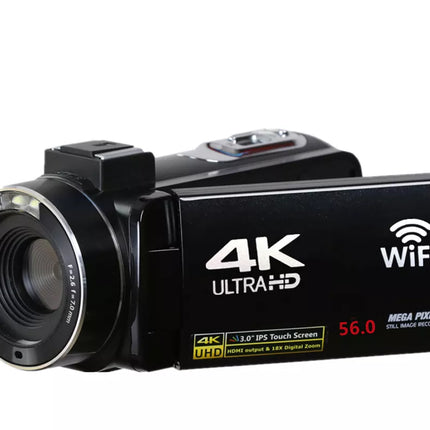 Black video camera with 4K Ultra HD and Wi-Fi features on a white background