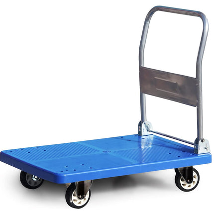 Blue platform truck with metal handle on a white background