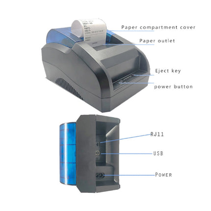 A gray and blue thermal printer shown on a white background with labeled callouts for parts such as the paper compartment cover, paper outlet, eject key, power button, RJ45, USB, and power.