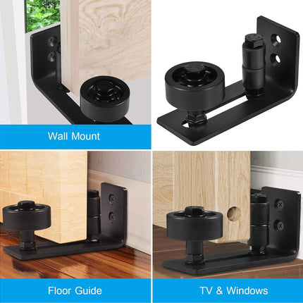 Black wall mount bracket with various applications shown on a white background