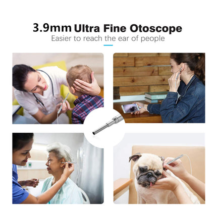 An otoscope tool is shown in a promotional layout with the text '3.9mm Ultra Fine Otoscope' and four inset photos demonstrating use by a doctor, a woman at a desk, an elderly woman, and a pug dog.