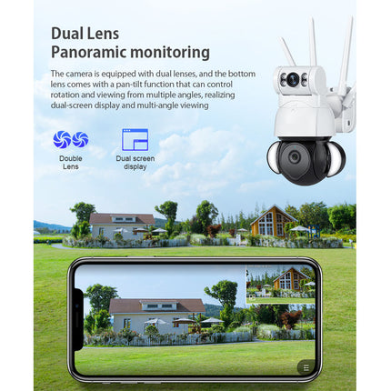 Camera with dual lenses and panoramic monitoring features, displayed with a scenic background and smartphone screen showing the view.