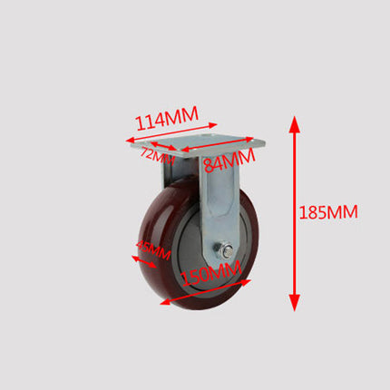 A caster wheel with red dimension arrows and labels showing measurements of 114mm, 72mm, 84mm, 150mm, 185mm, on a light gray background.
