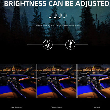 A promotional graphic for ambient car interior lighting, with the headline 'BRIGHTNESS CAN BE ADJUSTED' at the top. The image shows a dark nighttime forest scene above a row of three car interior previews displaying low, medium, and high brightness levels.