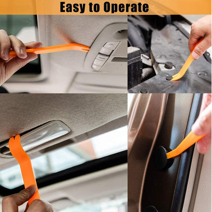 A four-panel collage demonstrating an orange plastic car interior accessory being used to remove or adjust interior handle controls. The top banner reads 'Easy to Operate'.