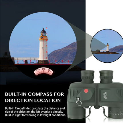 Binoculars with a built-in compass and range finder, displayed against a scenic background with a lighthouse.