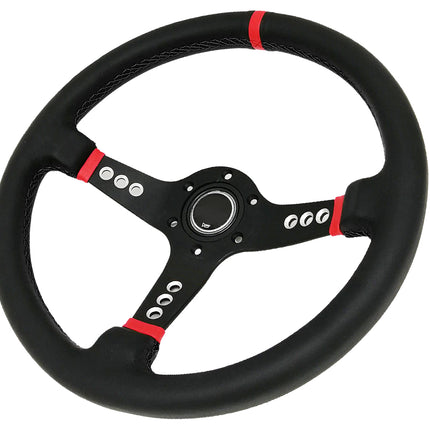 A black leather-wrapped racing steering wheel with red accent stripes and a black three-spoke center, featuring the GCO logo on the right spoke.
