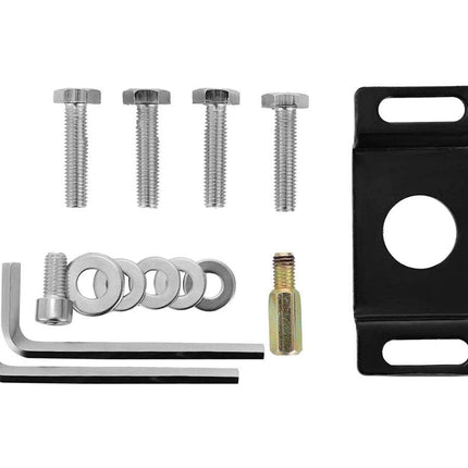 Set of screws, washers, and a black metal bracket on a white background