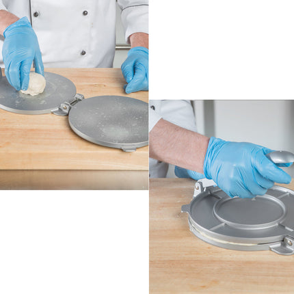 Collage of a person using a tortilla press with dough on a wooden surface.