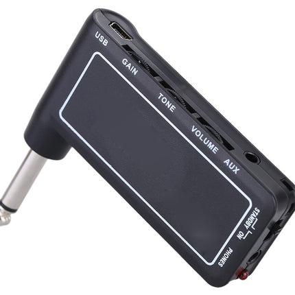 Black portable audio device with control buttons on a white background