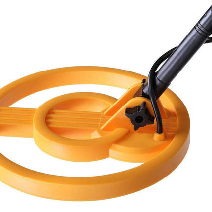 Yellow metal detector pan with black handle on a white background