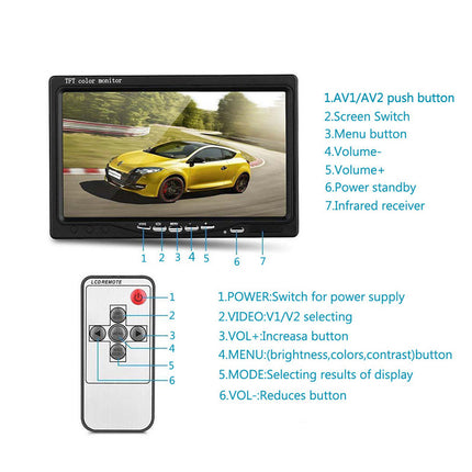Car monitor with remote control displaying a car on the screen, labeled buttons on both device and remote.