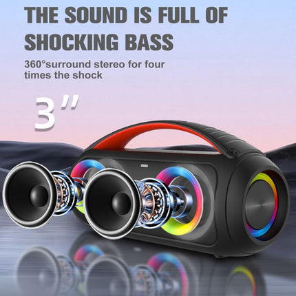 Portable speaker with colorful design and text highlighting bass quality on a gradient background