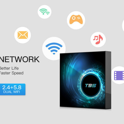 A promotional graphic for a T95 dual WiFi network box. The product is a sleek black rectangular device with a glowing blue circular graphic on the front.