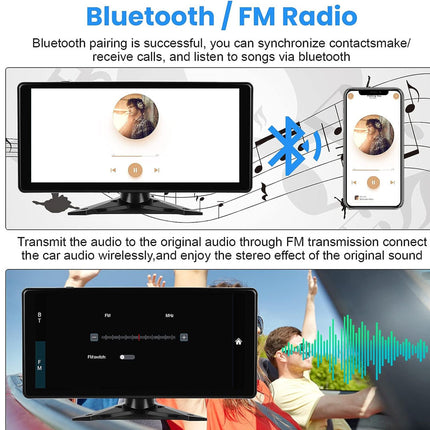 Advertisement for Bluetooth and FM radio functionality with a monitor, phone, and car interior.