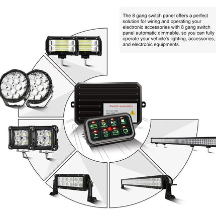8 gang switch panel with various automotive lights on a white background