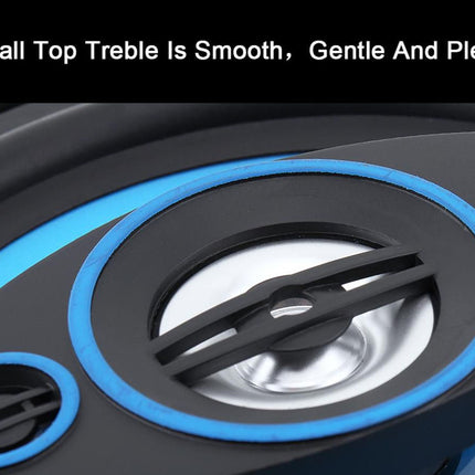 Close-up of a speaker with blue accents and text about ball top treble.