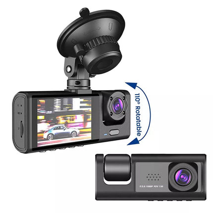 Car dashboard camera with a screen displaying a car and a side view camera on a white background.