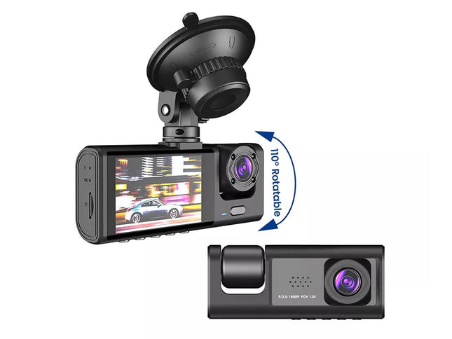 Car dashboard camera with a screen displaying a car and a side view camera on a white background.