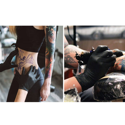 Two images showing a tattoo artist at work with tattoos on their arms and hands.