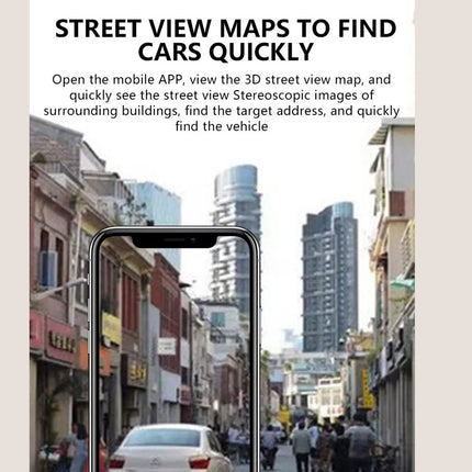 Phone displaying a street view map with text about using a mobile app to find cars quickly.
