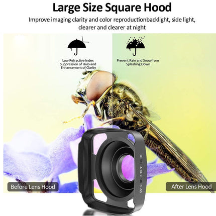 Camera lens hood with a bee illustration showing before and after effects