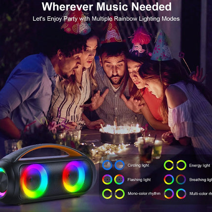 Group of people celebrating a birthday with a colorful Bluetooth speaker and rainbow lighting modes displayed.