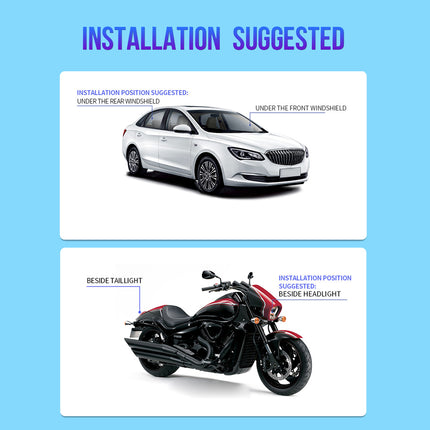 Instructions for installing a product on a car and motorcycle with text 'Installation Suggested' at the top.