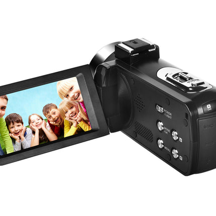 Digital video camera with screen displaying a family photo on a white background