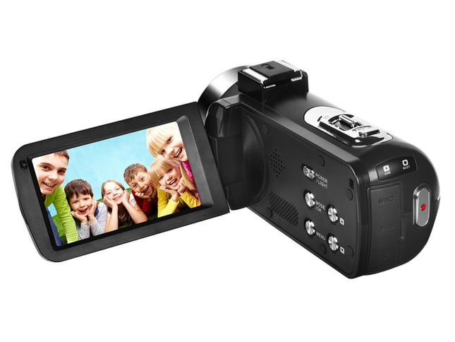 Digital video camera with screen displaying a family photo on a white background