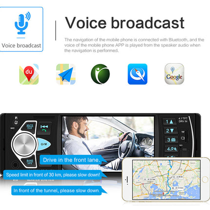 A product infographic for a car stereo voice broadcast feature, showing a head unit with a screen displaying a driver, a smartphone, and several app icons including du, Google Maps, and Waze. Text explains that the mobile phone's Bluetooth and voice app are connected to play audio while driving.