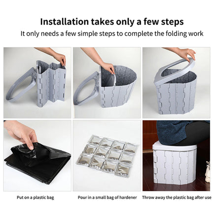 Instructional graphic showing how to fold and use a light gray collapsible plastic storage bin. The six-panel layout includes steps for placing a black plastic bag inside, adding hardener, and throwing away the bag after use.