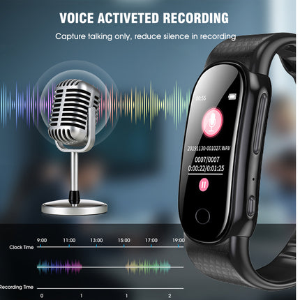 A black smartwatch with a digital display showing a recording interface, alongside a graphic of a microphone with sound waves and the text 'VOICE ACTIVATED RECORDING' on a dark blue background.