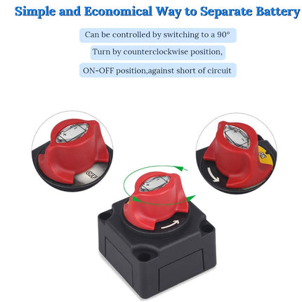 Red and black battery switch with text on a white background