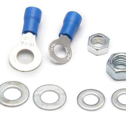Two blue and silver ring terminal connectors with four silver flat washers and two silver metal nuts, arranged on a plain white background.