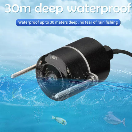 Underwater camera with 30m deep waterproof feature, showing fish in the water.