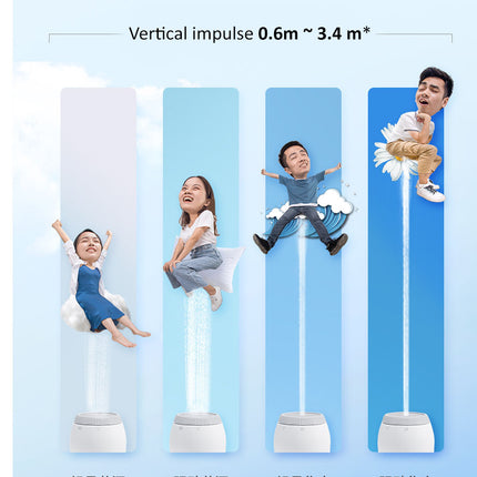 A promotional graphic showing four children floating or jumping upward in front of tall blue panels, with text at the top reading 'Vertical impulse 0.6m · 3.
