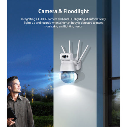 Camera and floodlight system on a wall with a person looking up at it, set against a blue sky.