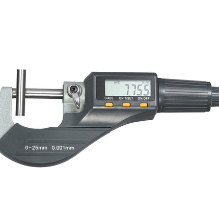 Digital micrometer caliper with a gray and silver body, a digital LCD screen showing 7.755, and orange buttons, photographed on a solid white background.