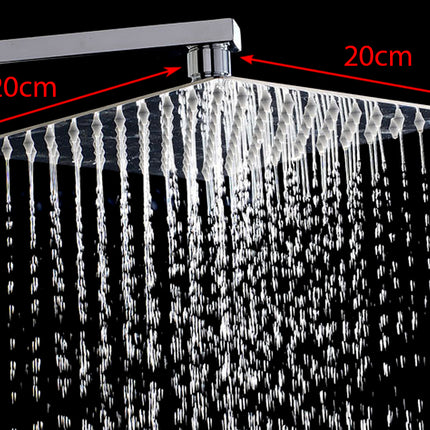 Rain shower head with water droplets on a black background, showing dimensions.