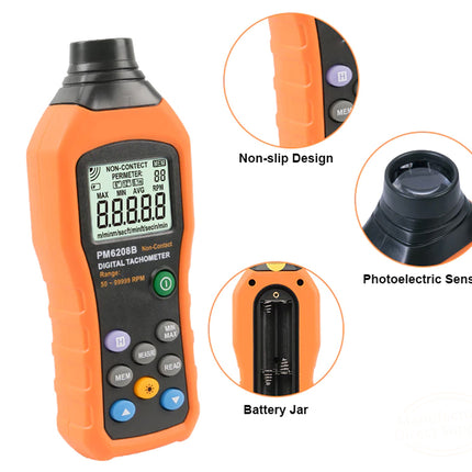 An orange and black digital tachymeter shown on a white background, with three circular callout insets highlighting features: a non-slip grip, a photoelectric sensor, and a battery jar.