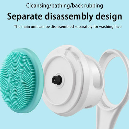 Two parts of a cleansing device, one green and one white, on a light blue background with text about disassembly design.