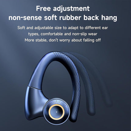 A dark blue wireless earbud with a curved hook design and a circular control button, shown against a dark blue gradient background with white promotional text about adjustable rubber back hangs.