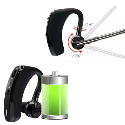 Black Bluetooth headset with charging case on a white background