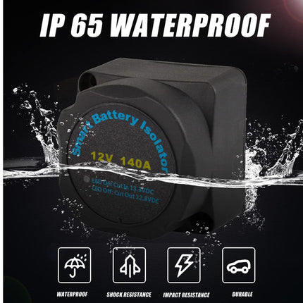 Black battery isolator with water splashes and text indicating IP 65 waterproof rating on a dark background.