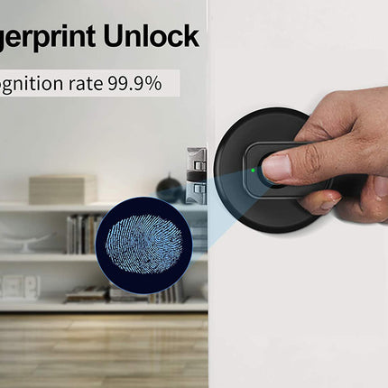 A fingerprint unlock door lock shown in use, with a hand pressing a black circular sensor on a white door. Text on the left reads 'Fingerprint Unlock' and 'Recognition rate 99.