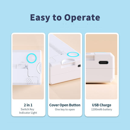 Three panels showing features of a product with text on a blue background